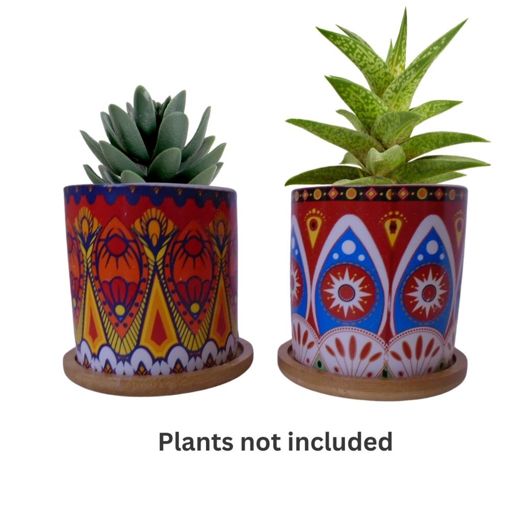 Succulent Pots 3 inch Mandala Boho Red Ceramic with Bamboo Trays 2 Pcs Set